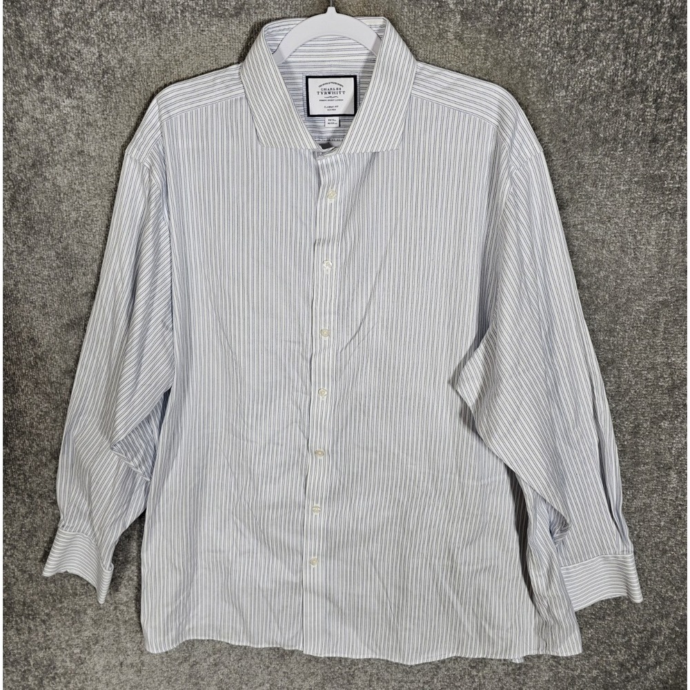Charles Tyrwhitt Classic Fit Button Up Shirt Mens Sz 18/35 Blue Striped Non Iron